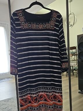 R&K Navy and White Striped Midi Dress with Orange Accents